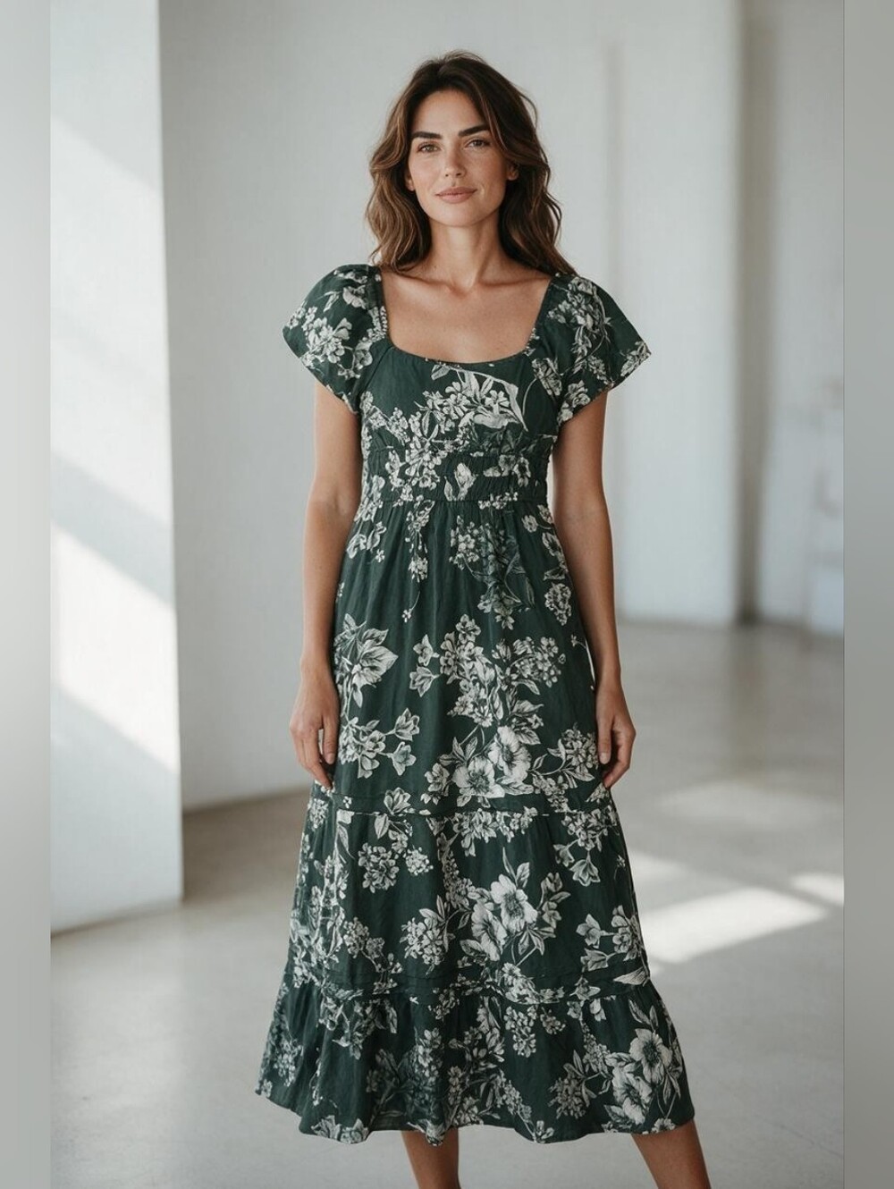 Max + Ash Smocked Waist Square-Neck Maxi Dress in Forest Green Floral